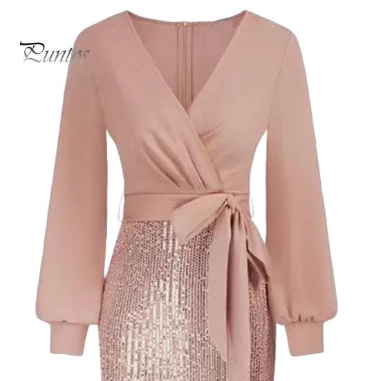 Женское вечернее платье с V-образным вырезом, облегающее платье-футляр с длинными рукавами, пайетками, шнуровкой на талии, длиной до колена, мини-платье для офиса, банкета, деловой поездки