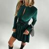 New European and American temperament French velvet pleated round neck hollow long sleeve waist slim and thin dress