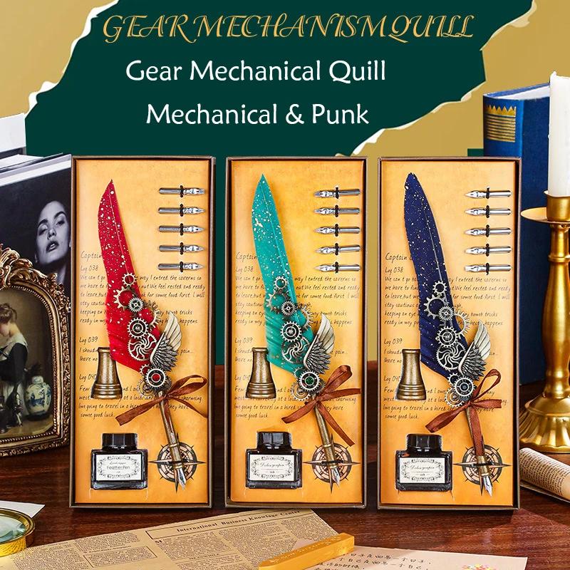 Luxury Fountain Pen Set Vintage Sprinkling Gold Feather Pens Ink Bottle Calligraphy Writing Dip Pen-s Birthday Gift 5 Nib Quill