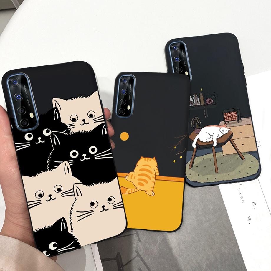 For Realme 7 4G Global Version Case Matte Liquid Silicone Bumper Shell For Realme7 RMX2155 Back Cover Lovely Cat Design Fundas