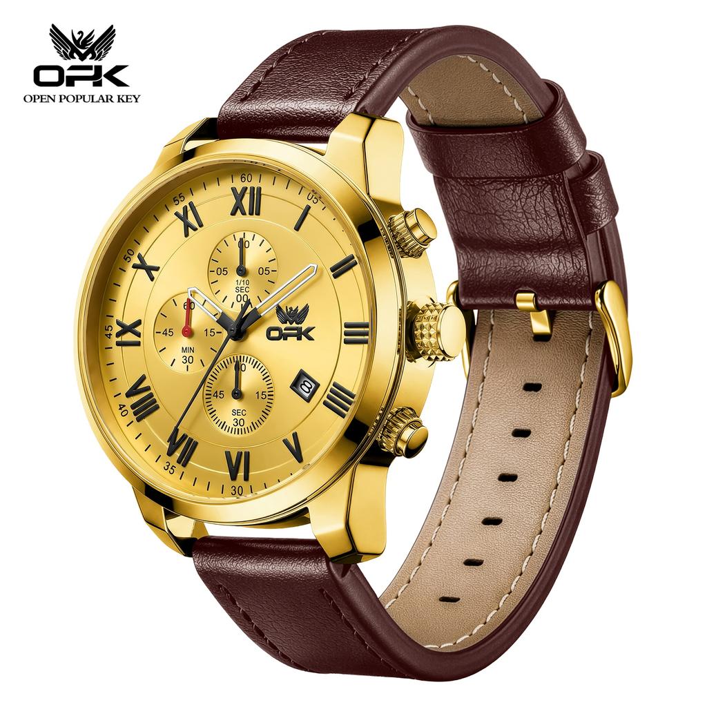 OPK 6099 Original Brand Chronograph Man Watch Leather Strap Auto Date Waterproof Sport Quartz Men's Luxury Wristwatch