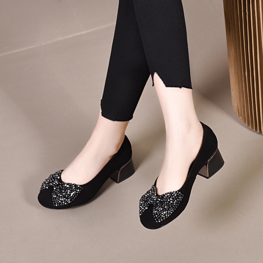 Round Head Shallow Mouth Single Shoes High Heels Women's Spring and Autumn New Black Sheepskin Rhinestone Bow Thick Heel