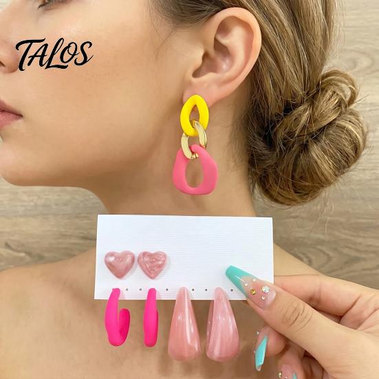 C Shaped Fashion Earring Studs 4 Pairs Chunky Statement Earrings for Women, Geometric Hollow Chain, C-shape Pastel Color Hoop, Heart, Teardrop