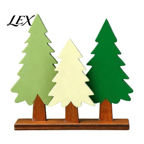 Tree Theme Home Decor Wooden Christmas Table Sign, 3 Colors Pine Sign with Wood Base, Rustic Xmas Desktop Decoration for Holiday Party
