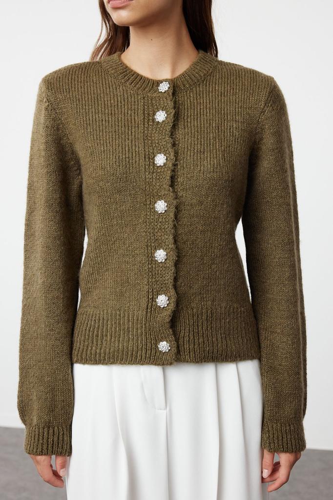 Women's Elegance Style Cardigan Stone Soft Textured Jewel Buttoned Jacket Look Knitwear Cardigan