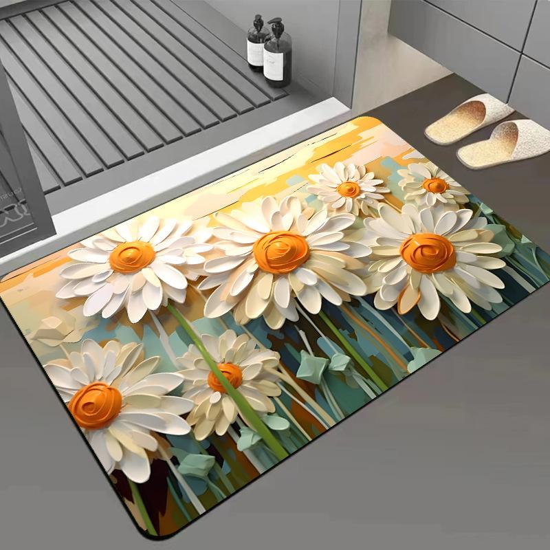 Green Flower Flat Surface Household Bathroom Toilet Absorbent Diatom Mud Floor Mat Non-slip Foot Mat Quick Dry Naked Eye 3D Floor Mat