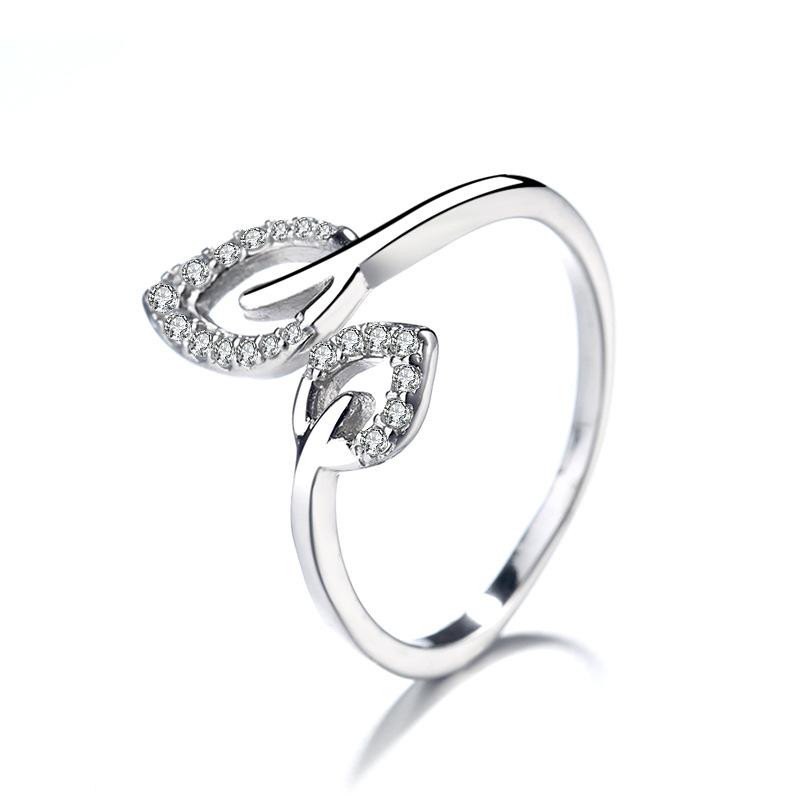S925 Openning Silver Ring Leaf Diamond Female Ring Fashion Simple Hand Body Ornament