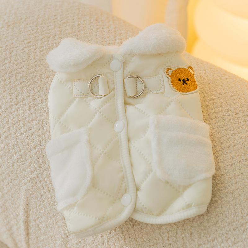 Cute Bear Embroidery Autumn and Winter Dog Clothes Quilting Cotton Warm Two-legged Vest Than Bear Traction Pet Vest