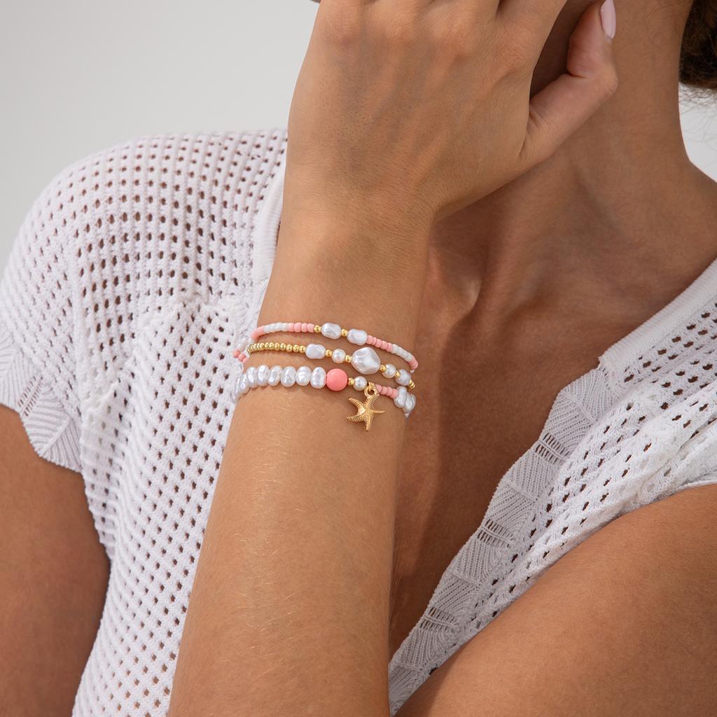 Ingemark 3Pcs/Set Boho Y2K Elastic Imitation Pearls Chain Bracelets for Women 2025 Trend Starfish Bangles Summer Couple Jewelry