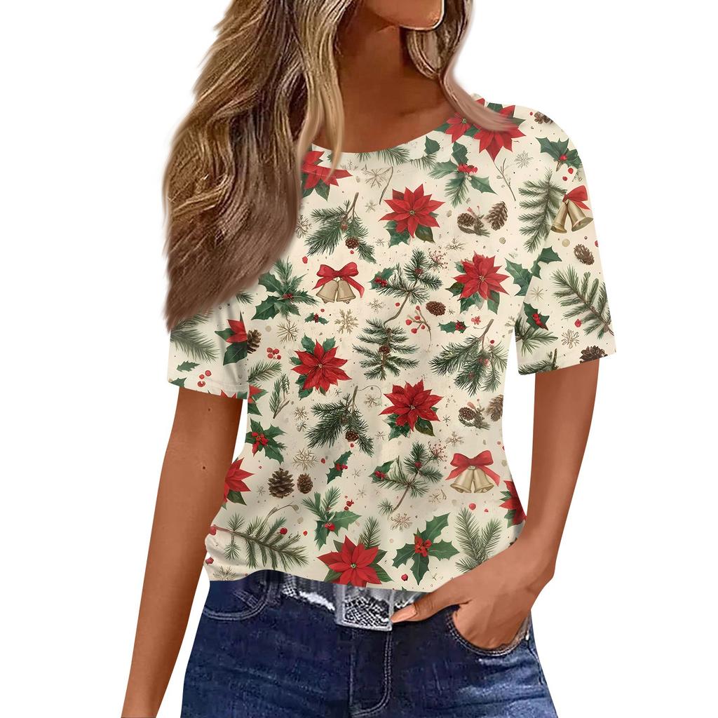 Women's Fashionable Casual Short Sleeve Christmas Print Round Neck Pullover Top