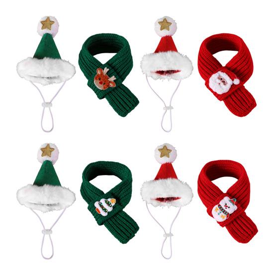 2 шт./компл. Рождественская шапка и шарф для питомца, регулируемая шапка с белым помпоном, вязаный шарф для кошки