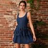 Womens Floral Print Sleeveless Denim Midi Dress High-Waisted Asymmetrical Fit Elegant Office Chic 2025