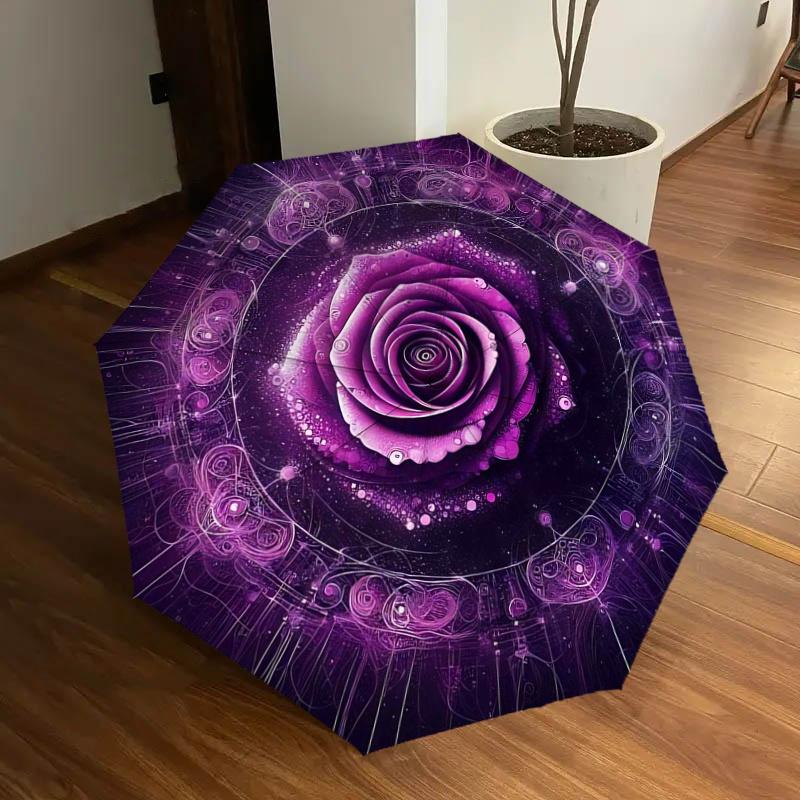 Purple Rose Mandala Art Automatic Opening Rain Umbrella - Portable Folding Design with Iron Frame - Outdoor Festival Gift for Fans, Traveler