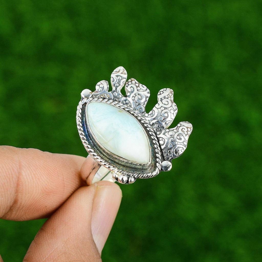 Gift For Her 925 Silver Natural Larimar Gemstone Multi Stone Adjustable Ring