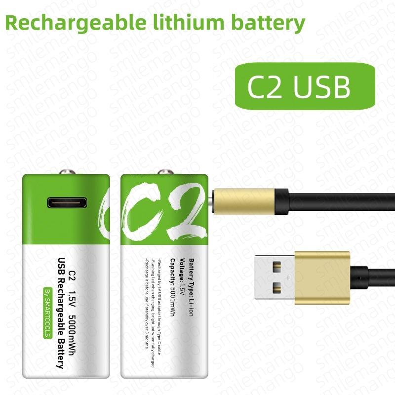 1.5V 5000mWh C Size LR14/LR20 12000mWh D Size Li-po Rechargeable Battery Type-C Ultra-Fast Charging for Flashlight Gas Cooker