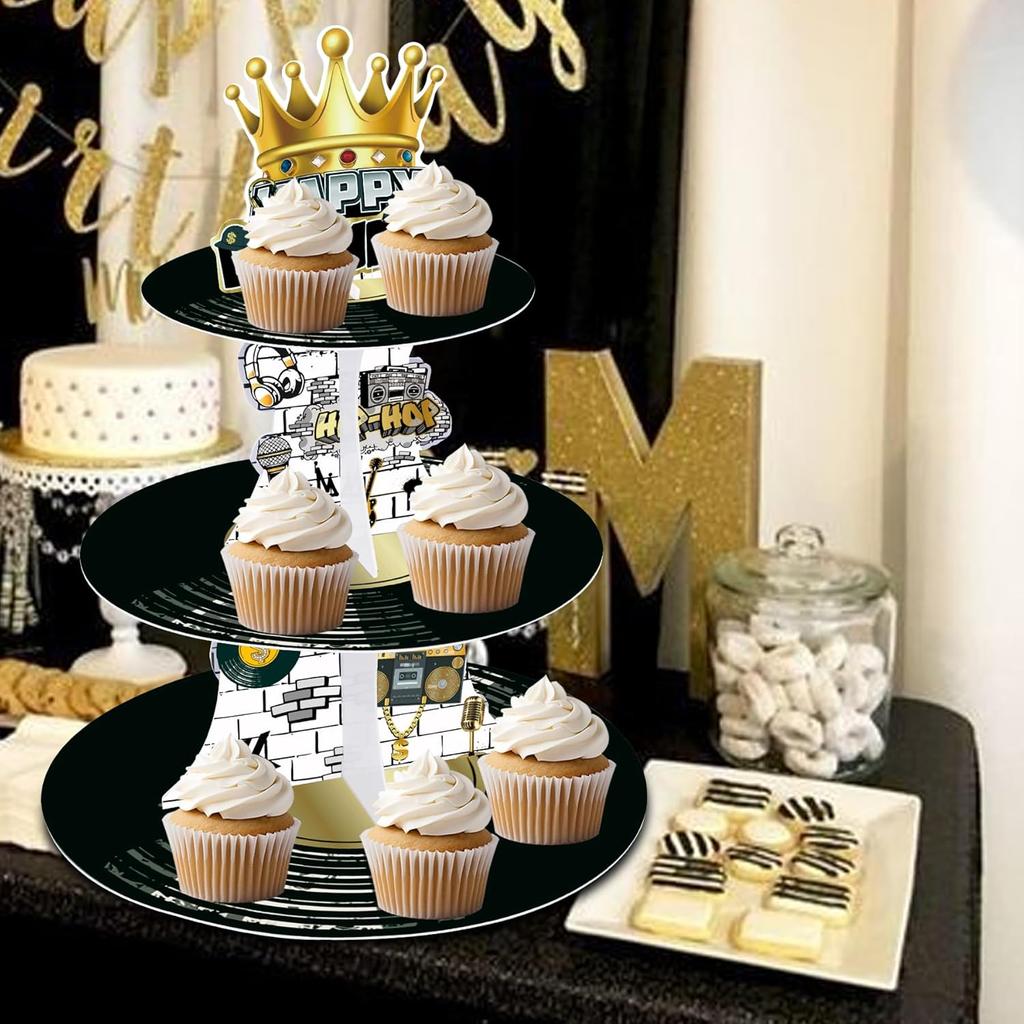 GRULLIN 1PCS 80s 90s Rapper Notorious One 1st Birthday Cupcake Stand Holder, Black Golden Chain Hip Hop Rock The Big One Party Favor Decor Supplies