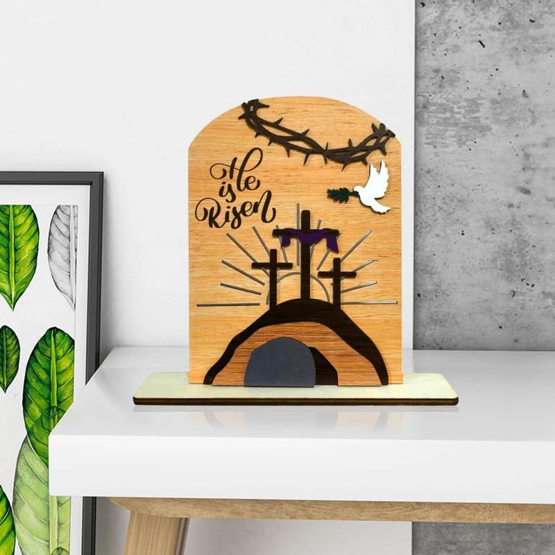 He Is Risen Decor Wooden Easter Resurrection Scene Empty Tomb Table Decorations Indoor Catholic Acrylic Sculpture