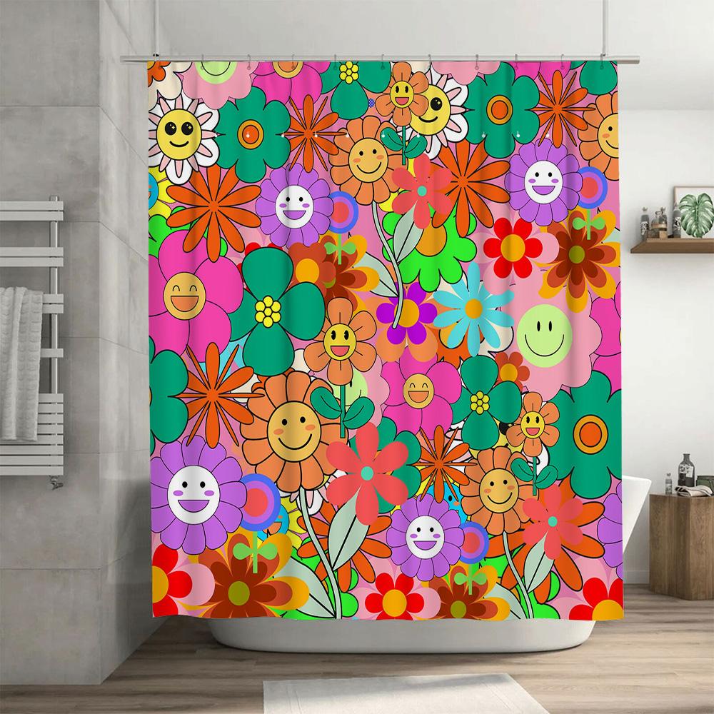 Яркая цветочная шторка для душа с веселыми лицами добавит яркий акцент в декор вашей ванной комнаты