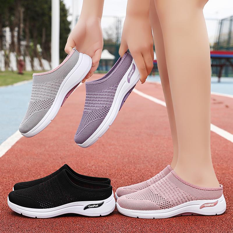 Женская обувь лето новая сетчатая дышащая на одной педали летучая тканая мягкая подошва повседневная обувь женская универсальная полушлепка