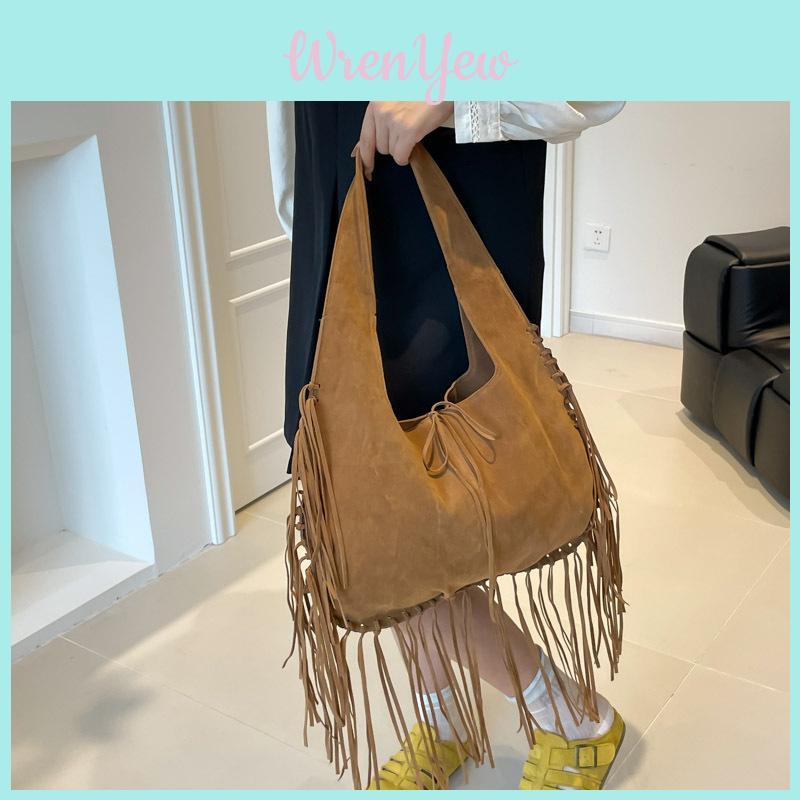 Vintage Suede Shoulder Tote Bag With Tassel Design And Solid Color For Daily Use
