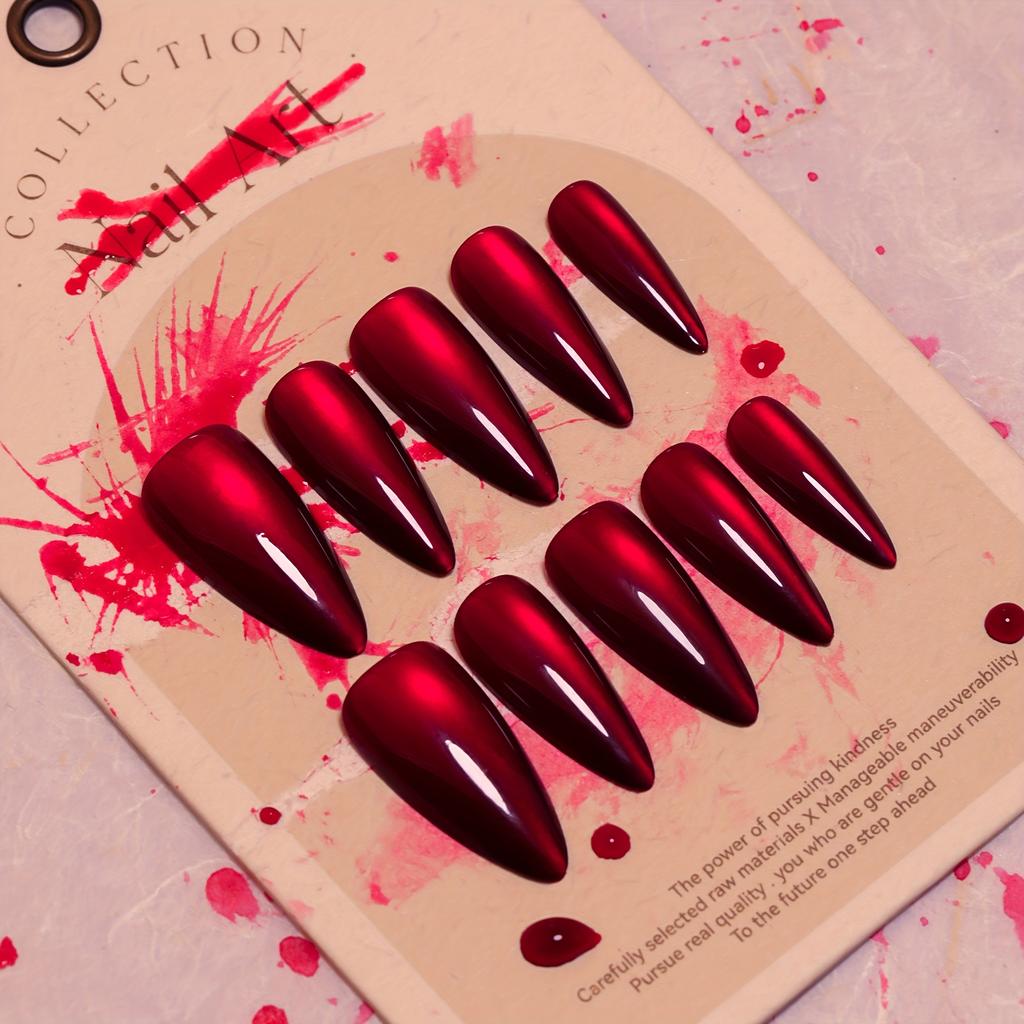 [Top-Rated] 30pcs Fashion Long Almond Shape Nails Red Cat Eye Halloween Press On Nails Acrylic Nails Fake Nails Nails Manicure Set Detachable