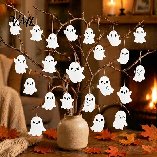 Easy Install Party Wall Decor Wooden Ghost Hanging Sign, Spooky Halloween Wood Sign with Jute Rope, Cute Black White Supplies Decor, Rustic Farmhouse