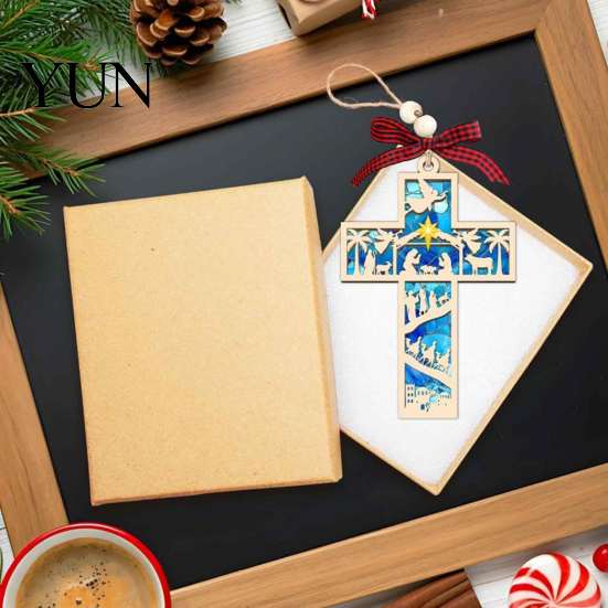 Bookish Christmas Tree Pendant Wooden Hollowed Pendant, Cross/Christmas Hanging Ornament, Decorative Book Decoration Plaid Bow Decor Craft for