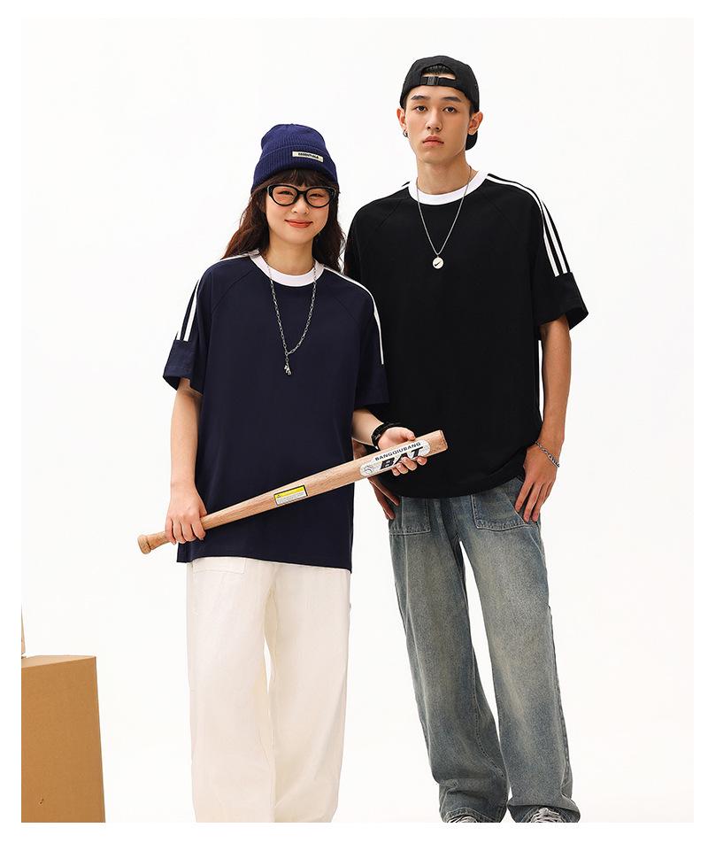 Футболка унисекс из плотного хлопка, однотонная, в американском спортивном стиле, с коротким рукавом и лентой из трех полос, летняя одежда