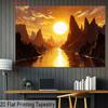 2D Golden Sunset River Banner, Majestic Canyon Landscape Decor