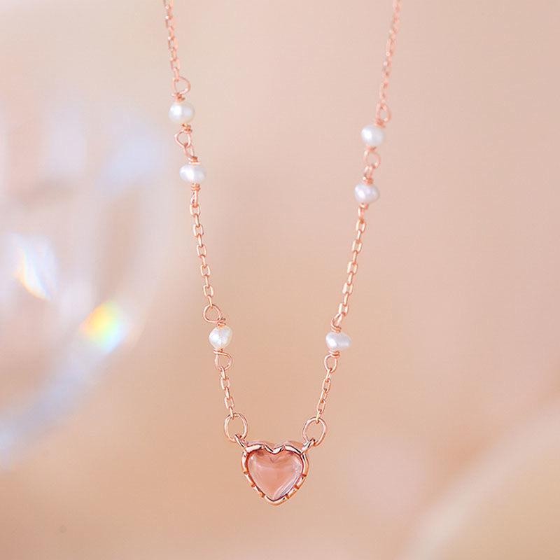 Korean Pink Heart Shape Necklace For Women Shiny Pendant Necklace Chain Party Aesthetic Jewelry Gift