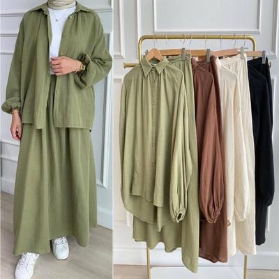 Рубашка с длинным рукавом + юбки из 2 предметов, элегантные мусульманские женские комплекты Абая Дубай, Турция, исламские повседневные топы, однотонная юбка, модная