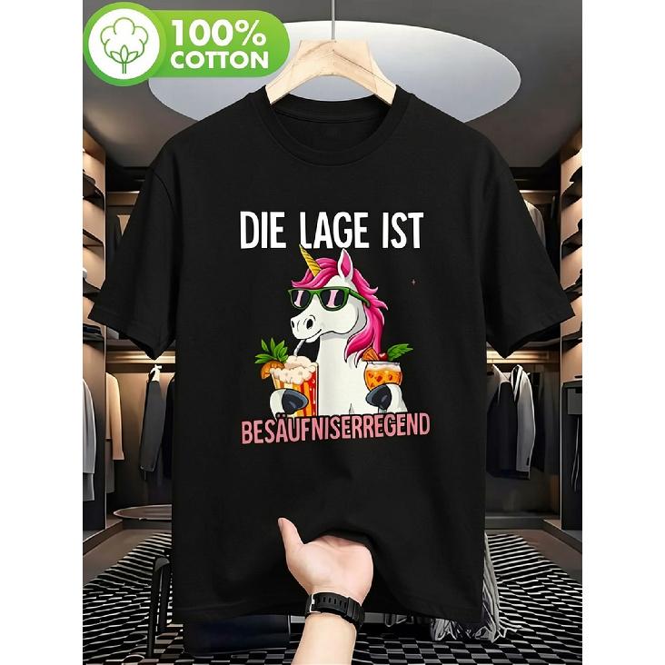 Men'S The Situation Is Besaufragen Graphic Tee - Casual Crew Neck Short Sleeve T-Shirt, Lightweight Summer Top Featuring Unicorn And Beer Mug Design,