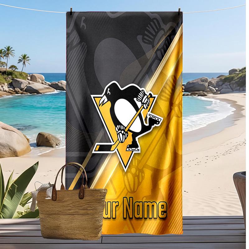 Pittsburgh Penguins Custom Beach Towel, Print Your Name Text Lightweight Absorbent Towel for Swimming Travel