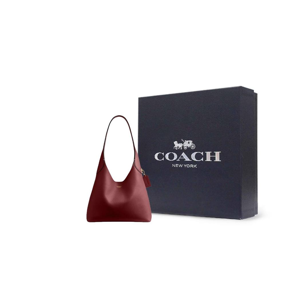 Coach Brooklyn 28 Logo Magnetic Closure Natural Grain Leather Tote Shoulder Bag Medium Women bags Deep-Red Ruby CU068-B4XEP