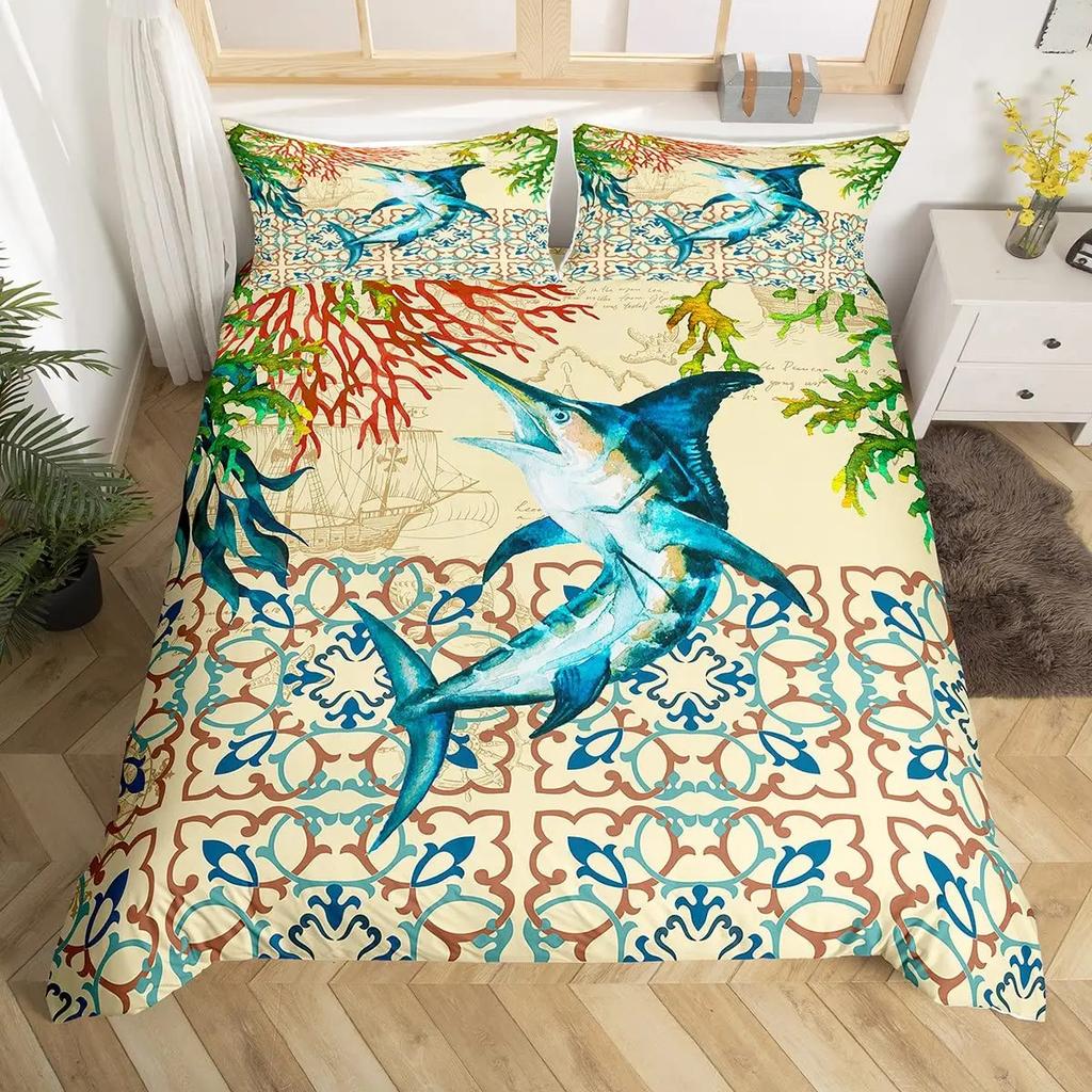 Marlin Swordfish Duvet Cover Set Hunting Fishing Bedding Set Tie Dye Sea Fishing Boat Marine Life Nautical Comforter Cover Queen