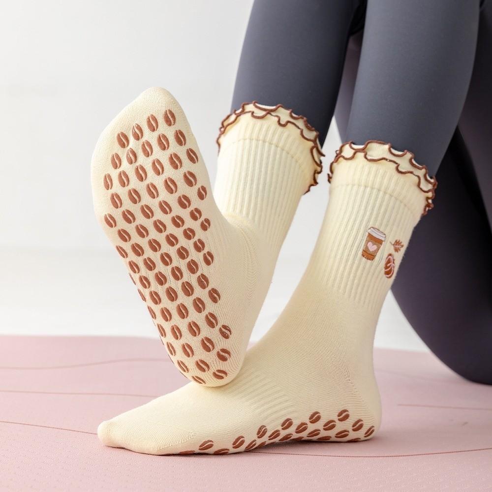 Pumpkin Embroidery Pilates Socks Non-Slip Cuffed Mid Tube Socks Professional Floor Socks for Women
