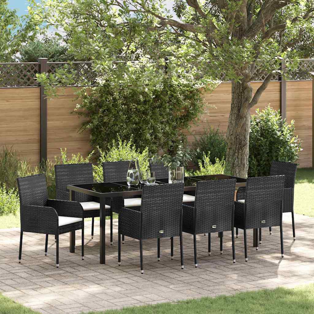 Garden Dining Set with Cushions 9 pcs Black Poly Rattan