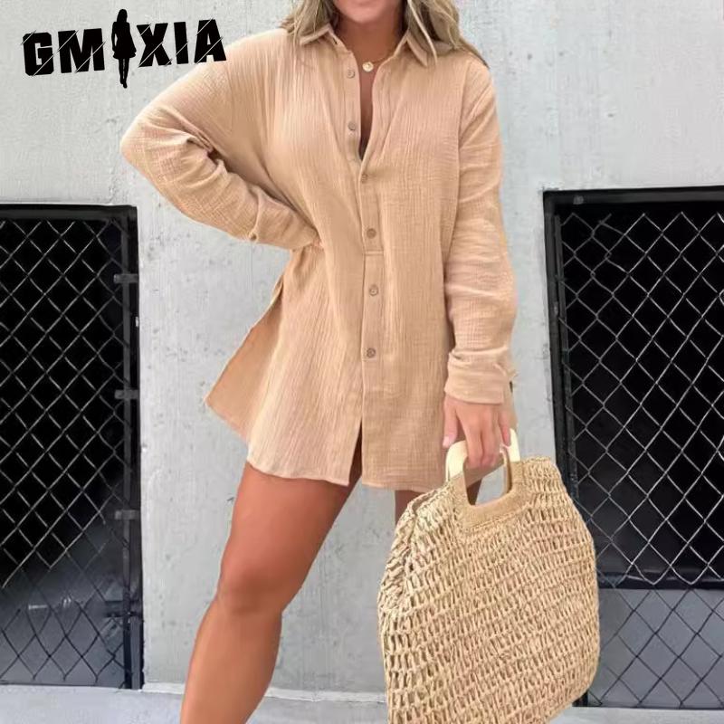 GMXIA Женская рубашка из мятой ткани с длинным рукавом и шортами с высокой талией, модный повседневный комплект из двух предметов
