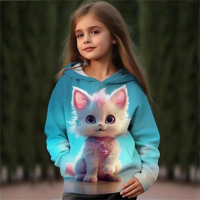 Детская одежда Весна Осень Толстовки для девочек Мультяшный 3D Принт с изображением кота Уличная одежда Детские толстовки Верхняя одежда Пуловеры Одежда для девочек