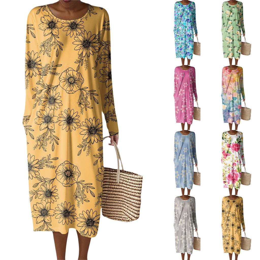 Women's Fashion Casual Long Sleeve Floral Print Round Neck Pocket Elegant Temperament Dress
