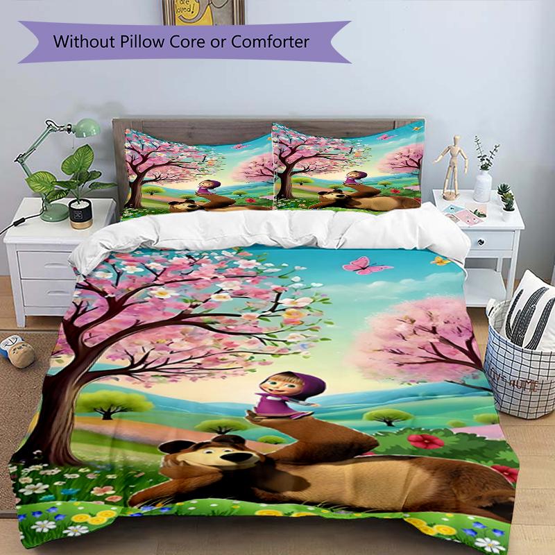 3pcs Duvet Cover Set (1*Duvet Cover + 2*Pillowcase, Without Core),Masha and The Bear Print Bedding Set, Bedroom Decor, All‑Season, Birthday Gift