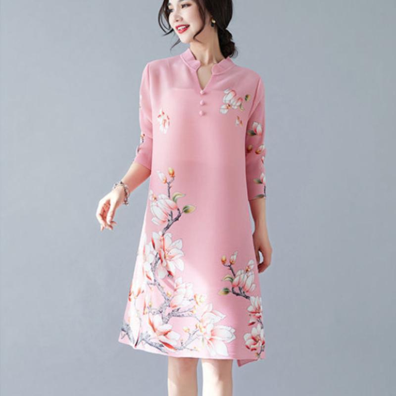 Платье 2022, новое летнее плиссированное платье средней длины с принтом, тонкий воротник-стойка, рукав три четверти