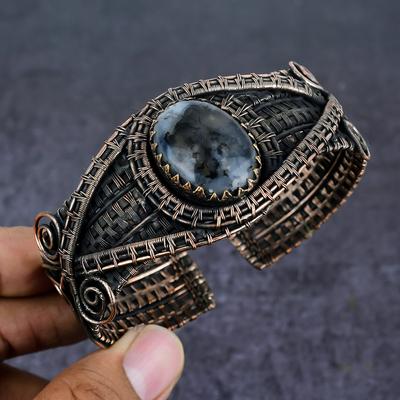 Браслет-манжета из натурального дендрита и опала, медная проволока, регулируемый P3O17