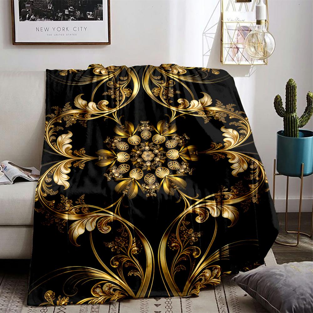 Luxury Golden Floral Mandala Pattern blanket with Black Background blanket, suitable for use in the bedroom, living room, on the sofa