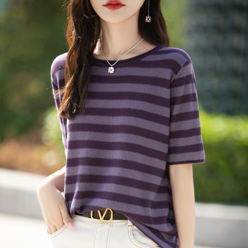 Pure Cotton Crew Neck Striped Stylishable Versatile Contrasting Color Age-reducing Short-sleeved Summer Latest Everyday Top