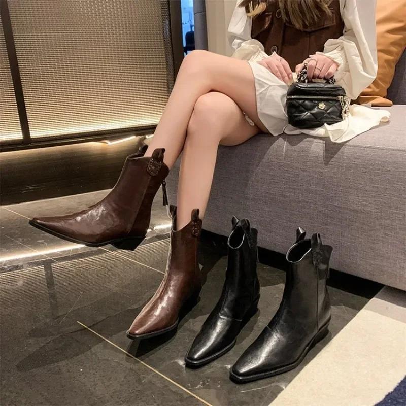 Осенне-зимние женские сапоги из натуральной кожи, женская обувь в стиле вестерн, острый нос, толстый каблук, ботинки челси, ботильоны в стиле ретро