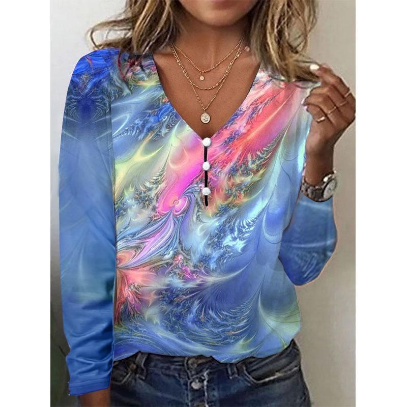 Spring and Autumn Women's Blouse V Collar Star Tie-dye Pearl Buttons Long Sleeve T-shirt