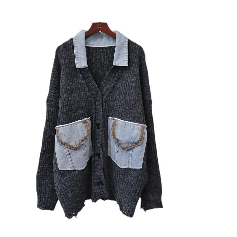 Осень и зима новый дизайн вязаного кардигана из денима внахлест, свободный повседневный свитер-куртка для женщин