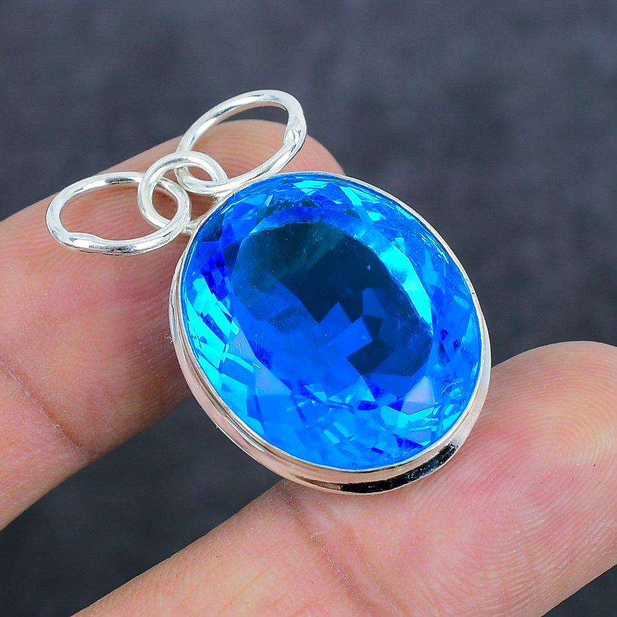 Natural Swiss Blue Topaz Gemstone 925 Sterling Silver Jewelry Pendant 1.65" Q6w54