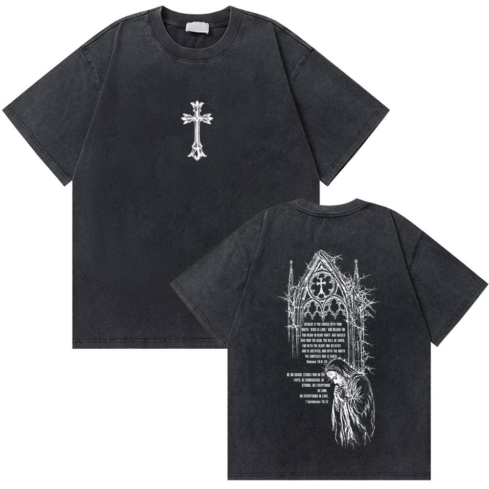 Washed Vintage Christian Jesus Graphic Tshirt Male High Quality Cotton Tshirts Men Hip Hop Gothic Oversized T Shirt Streetwear